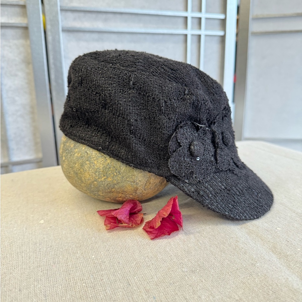 Black Knit Cap with Flower Detail
